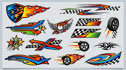 Collection of colorful racing car decals and stickers. © bapi