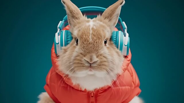 Cute rabbit wearing blue headphones and an orange puffer vest against a solid background. Adorable bunny listening to music with a trendy urban style. Fun animal concept for creative advertising.