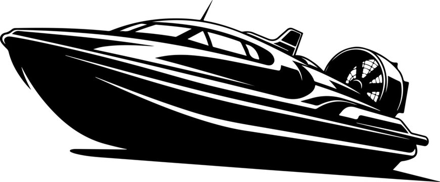 Speedboat, Black Vector Illustration, Watercraft, Boat Design