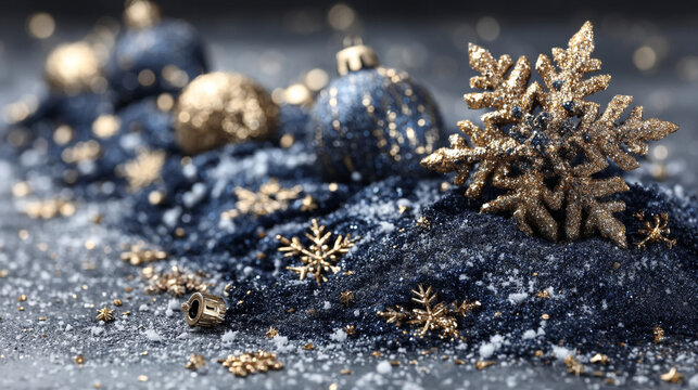 Luxury christmas ornaments and golden snowflakes on dark blue textured surface with snow