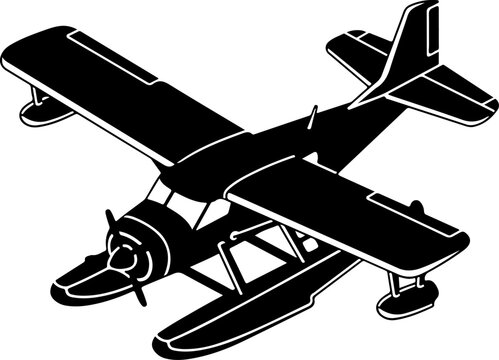 Black and white seaplane vector, floatplane illustration, airplane icon, aircraft silhouette