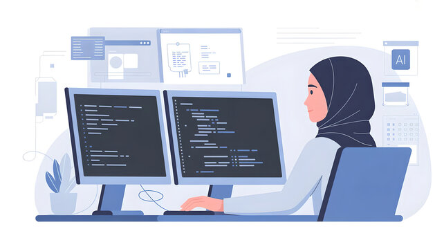 Professional Muslim Woman Software Engineer Coding on Laptop with Virtual Programming Screens and Cyber Security Data in Dark Office