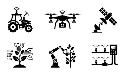 Smart Farming Icons: Precision Agriculture Technology, Drone, Tractor, Satellite, Robotics, Digital Plant Growth, Irrigation System © Farzana