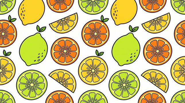 Citrus fruit seamless pattern with orange lemon and lime slices, cute doodle vector illustration on white background for textile wrapping paper.