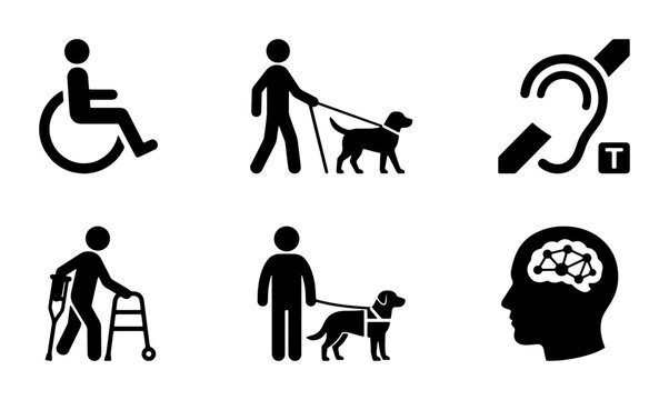 Disability Icons Set: Wheelchair, Guide Dog, Hearing Aid, Walker, Assistance Animal, Brain Network, Accessibility Symbols
