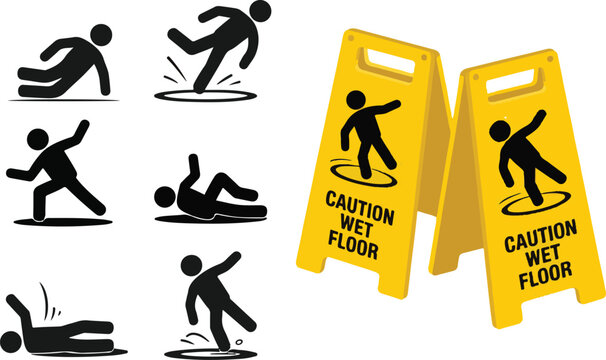 Set of falling person silhouette pictogram. Caution wet floor sign. Vector illustration. Isolated on white background
