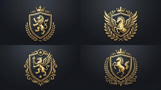 Four Golden Heraldic Crests with Mythical Creatures and Lions.
