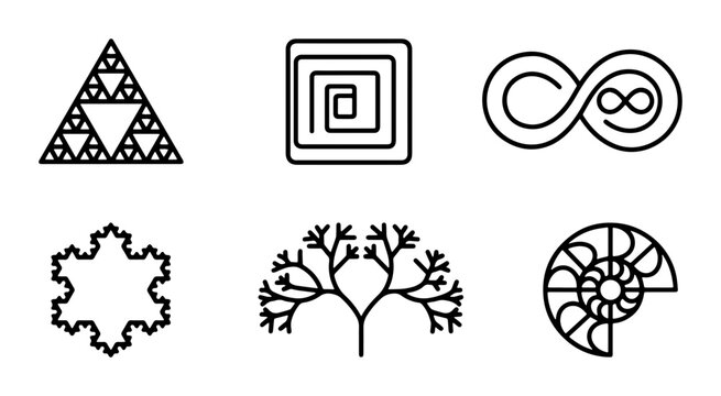Geometric Fractal Patterns, Infinite Symbols, and Natural Forms Vector Icons Set. Mathematical Concepts, Abstract Shapes, and Organic Designs.