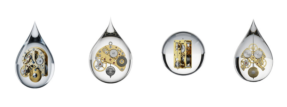 Antique clockwork mechanisms suspended inside clear water drops on black