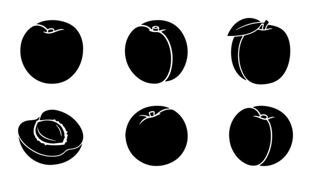 Six Black Silhouette Apricots, Whole and Halved, Simple Vector Icons for Fruit and Food Design
