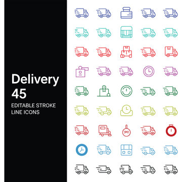 Delivery and logistics outline icon set in various colors with delivery
