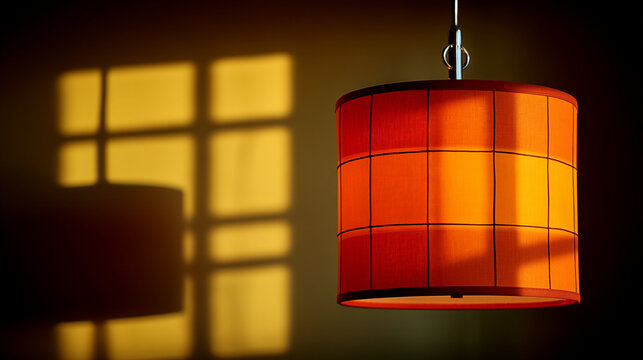 Modern orange cylinder lamp shade with window frame shadow on a warm interior wall, interior