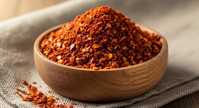 A wooden bowl filled with red chili pepper flakes and spicy ground powder on a dark table. aleppo pepper flakes