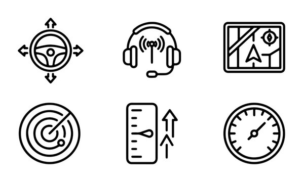 Navigation Icons Set: GPS Map, Radar, Steering Wheel, Headset, Gauge, Altitude Meter for Travel and Technology