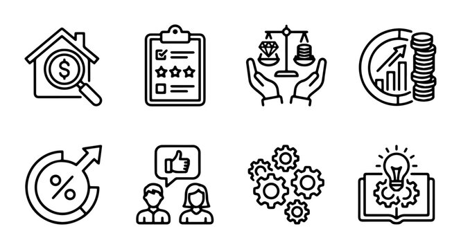 Business Icons Set: Finance, Review, Balance, Growth, Idea, Teamwork, Efficiency, Strategy