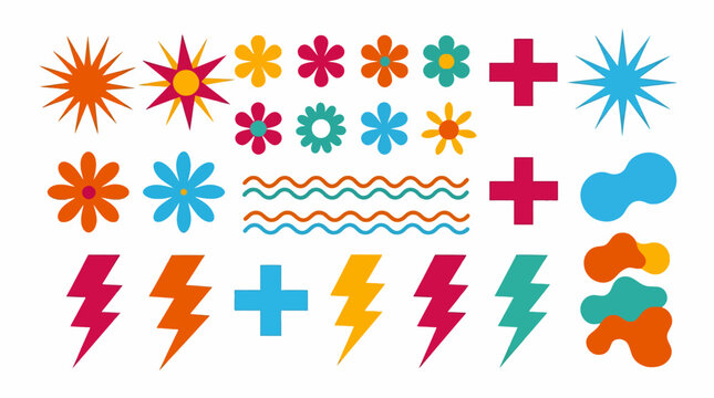 Colorful minimalist vector shapes with abstract flowers lightning bolts and geometric blobs for modern design