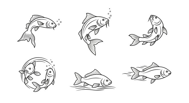 Fish sketches set, line art koi and carp swimming, hand drawn style