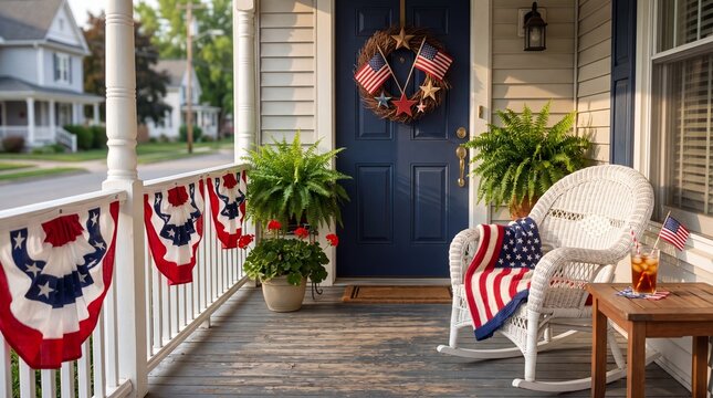 Patriotic Front Porch Decorated with Bunting, a Wreath, and a Rocking Chair