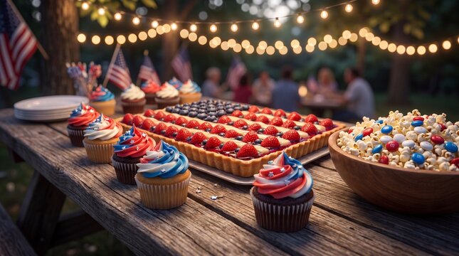 Close-up of Red White and Blue Independence Day Dessert Table with Fairy Lights