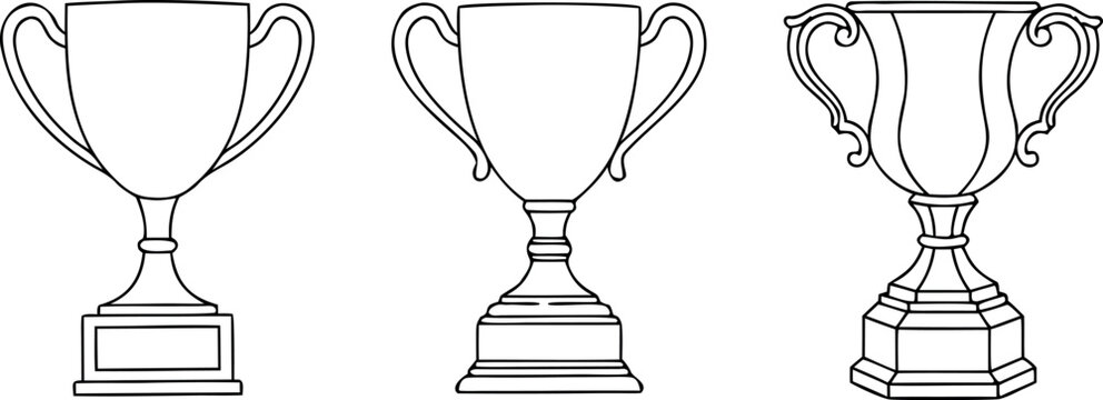 Trophy cup award champion line art icon set with winner prize gold celebration symbol doodles