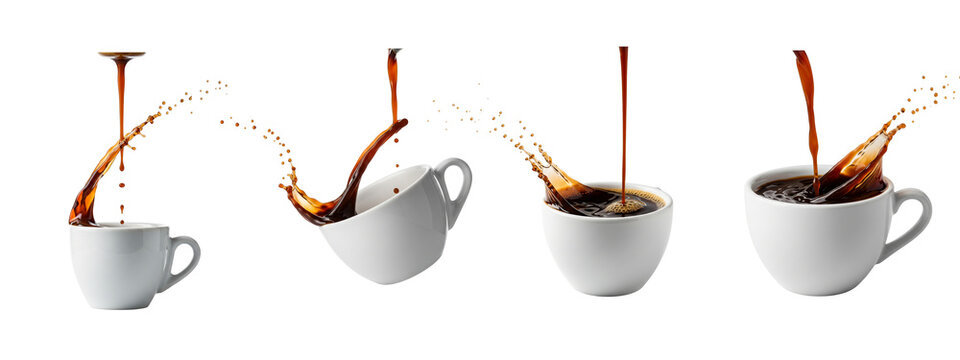 Coffee pouring into white ceramic cups with dynamic liquid splashes