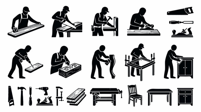 Woodworking carpenter silhouette icons, professional joiner and furniture maker set, black woodworker tool vector illustrations for craft workshops