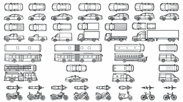 Vehicle outline icons set, transportation top and side view vector collection, car truck and bus line art for architectural site plans and urban maps
