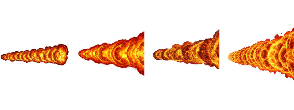 Collection of fire trails and combustion blast effects on black background