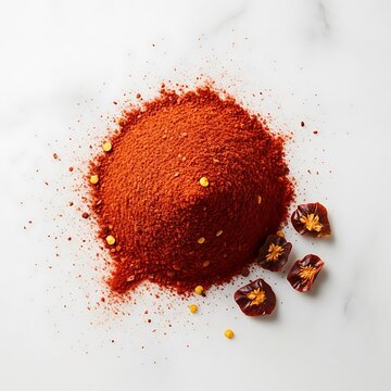 A pile of red chili powder spice with dried chili peppers on a flat surface. aleppo pepper powder