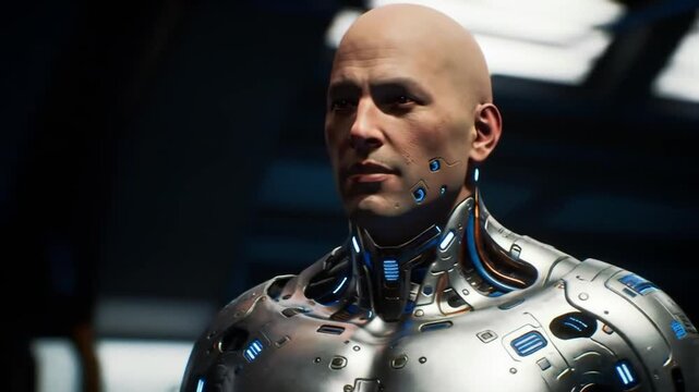 Bald male cyborg with futuristic metallic body and blue lights
