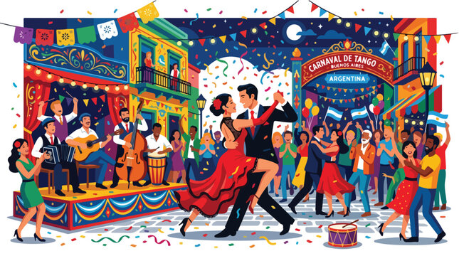 Vibrant vector illustration of a festive tango dance celebration in Buenos Aires Argentina featuring couples dancing on the street and a live band playing music.