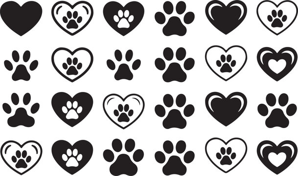 Set of hearts with the paws of dogs and cats. Collection of black and white logos with footprints of pets. Vector illustration of hearts symbolizing love for animals. Tattoo