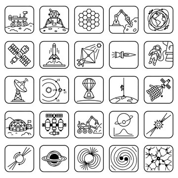 Space Exploration Icons Set, Astronaut Mission Black White Line Art, Astronomy Symbols Vector
