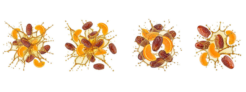 Dates and orange slices with juice splashing isolated on black background