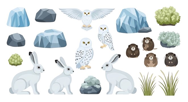 Set of Arctic Animals and Landscape Elements Including Snowy Owls and Rabbits