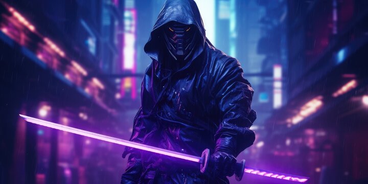 Mysterious warrior in futuristic neon cityscape.