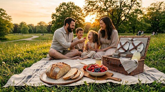 Family Enjoying Picnic in Park at Sunset with Bread Fruit and Blanket