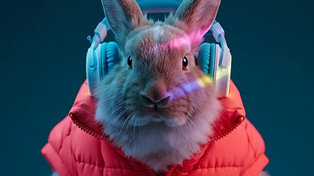 Cute rabbit wearing blue headphones and an orange puffer jacket. Bunny portrait with colorful neon lighting in a studio setting. Trendy animal concept for music and youth fashion marketing.