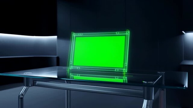 Futuristic holographic display with green screen on a modern glass table