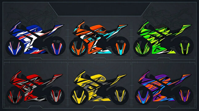 Collection of six colorful sport motorcycles displayed side by side.