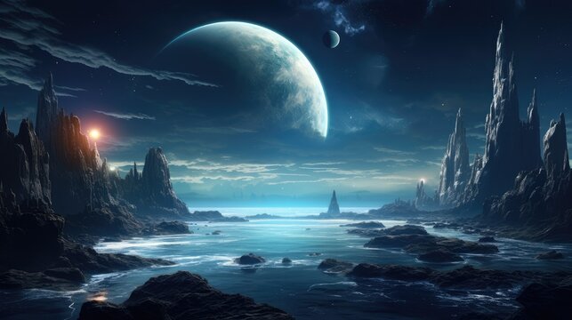 Majestic alien seascape under a cosmic sky