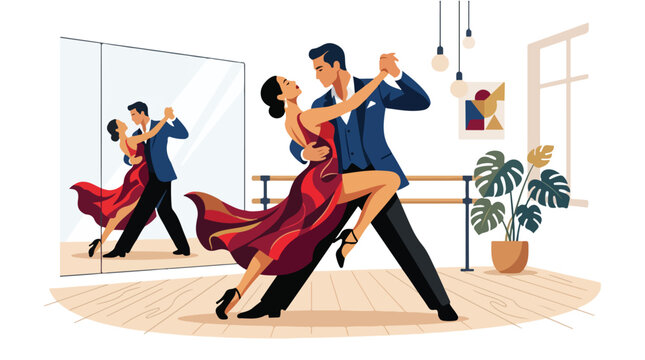 Elegant couple dancing tango in a professional dance studio with mirrors and wooden floor, man in blue suit and woman in red dress performing passionate moves