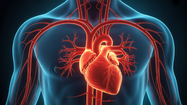 Human heart circulatory system medical illustration with glowing red arteries