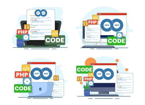 Flat vector illustration set of DevOps methodology and software development workflow, suitable for automation processes, IT operations, coding practice, and technical support concepts.