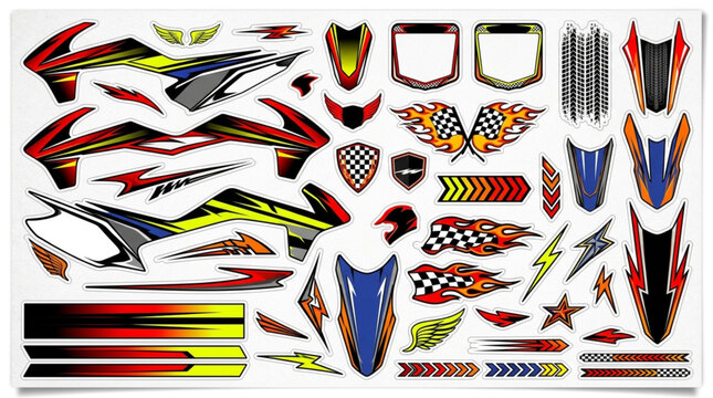 Collection of colorful racing decals and stickers for vehicles.