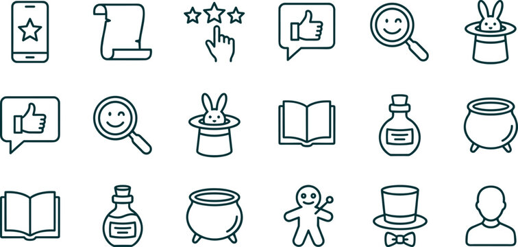 Magic and Customer Feedback Line Icon Set with Magician Hat Rabbit Potion Cauldron Rating Stars Like and Review Symbols for Web Design