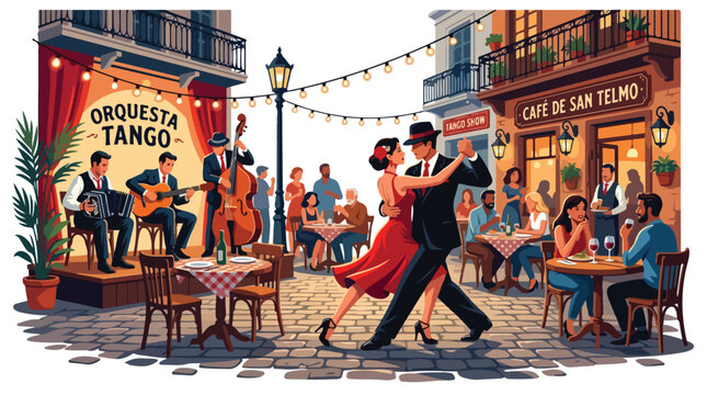 Vibrant vector illustration of a couple dancing tango on a cobblestone street in Buenos Aires Argentina with a live orchestra and cafe patrons in San Telmo