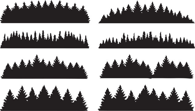 Set of treeline forest trees silhouette isolated on white background. Nature trees panorama vector illustration