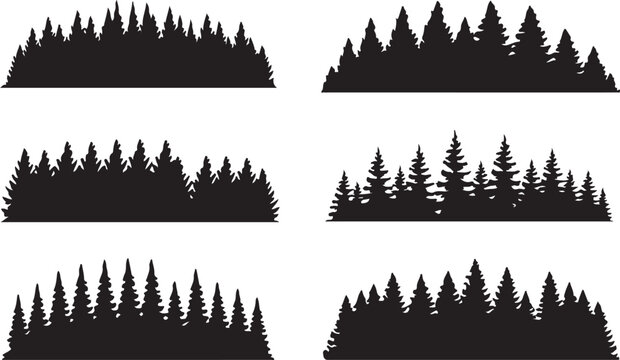 Set of treeline forest trees silhouette isolated on white background. Nature trees panorama vector illustration