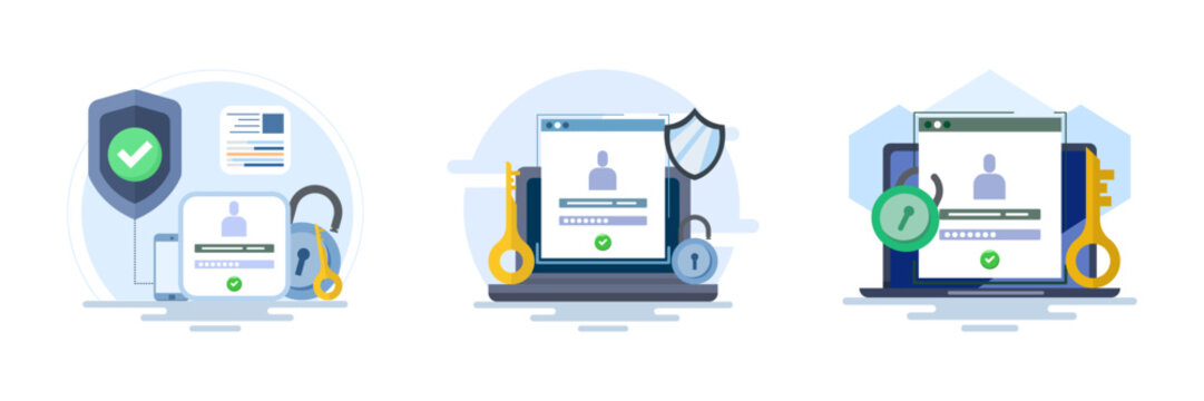 Flat vector illustration set featuring strong password authentication, secure login access, cybersecurity protection, and online data privacy safety concept for digital accounts.